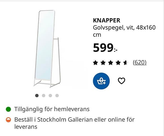 IKEA KNAPPER golvspegel vit 48x160 cm