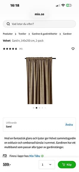Mio gardinpar sammet brun 250 cm