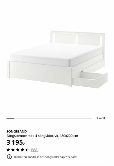 IKEA SONGESAND sängstomme 180x200 vit med förvaring