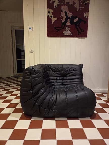 Black Leather Corner Togo Lounge Chair by Michel Ducaroy for Ligne Roset