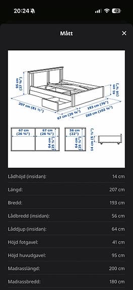 IKEA Säng 180x200 med förvaring – inkl. ribbotten