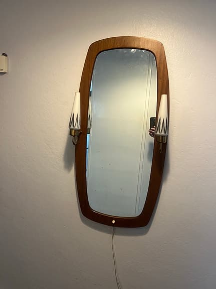 Teakspegel med armatur – 50/60-tal – komplett glas
