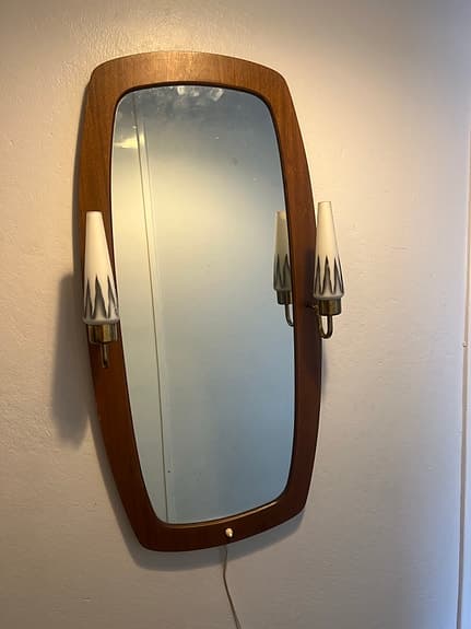 Teakspegel med armatur – 50/60-tal – komplett glas