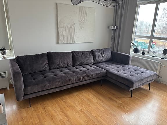 Divansoffa sammet grå 4 sits