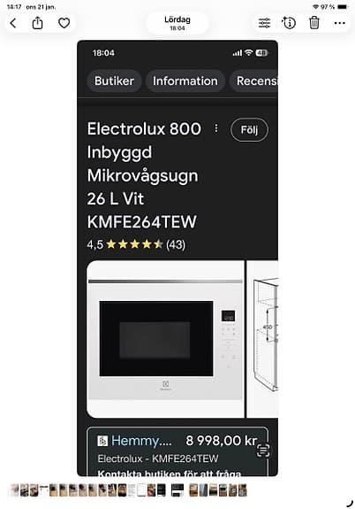 Electrolux 800 inbyggd mikrovågsugn 26 l vit