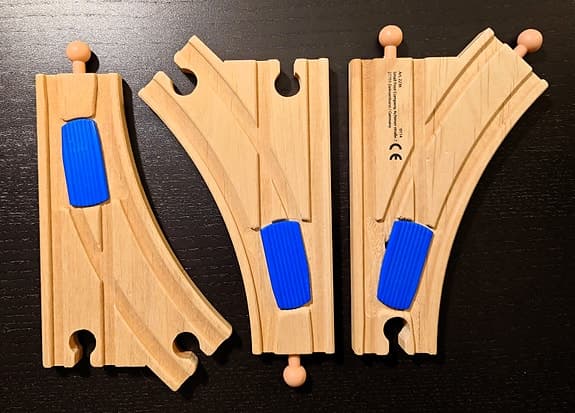 🚦🔵 3 ställbara träväxlar med spak (BRIO-kompatibla) – bra skick 🚂✨