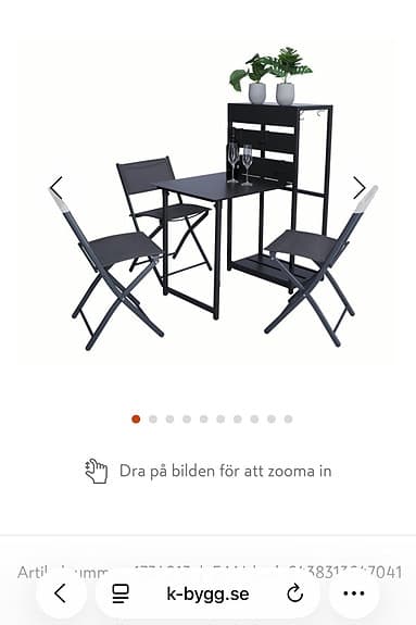 Balkongmöbelset bord och 3 fällstolar grå metall