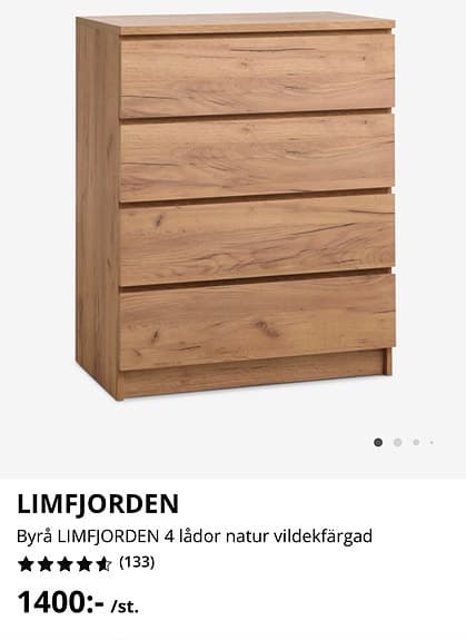 Byrå LIMFJORDEN 4 lådor natur vildekfärgad från Jysk