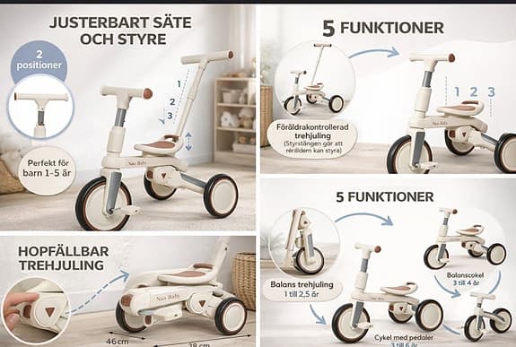 Helt ny ihopfällbar trehjuling och balanscykel, 5-i-1