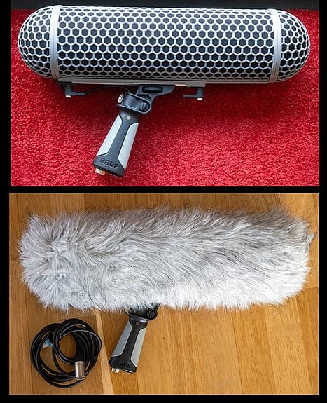 Röde mikrofon med zeppelinare och vindpäls (”dead cat”)