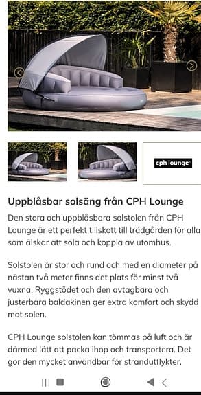 CPH Lounge uppblåsbar solsäng rund grå med tak