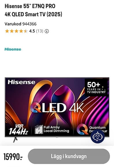 Hisense 55” E7NQ PRO QLED 4K (2025) – Som ny – Perfekt för gaming & film