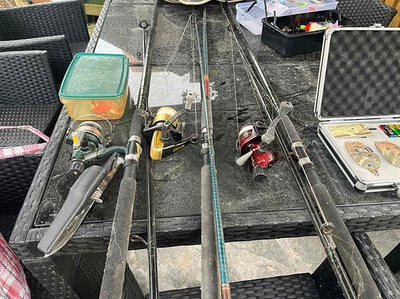 Fiskeset spön rullar beten och tillbehör