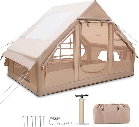 Tält med kamin, solcellslampa och skorstensrör beige