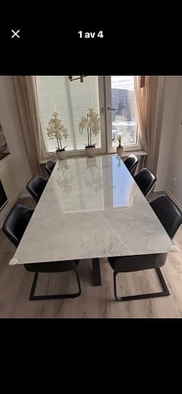 Genova vit marmormönstrat glas bord + 6 st stolar