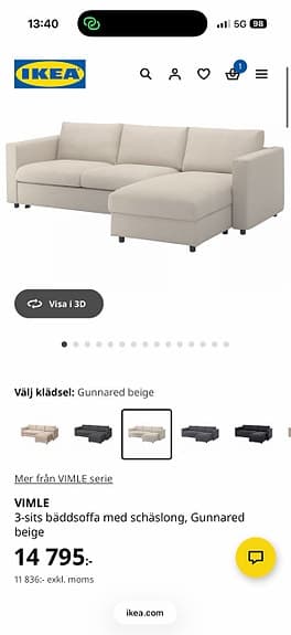 Bäddsoffa, VIMLE, schäslong, beige