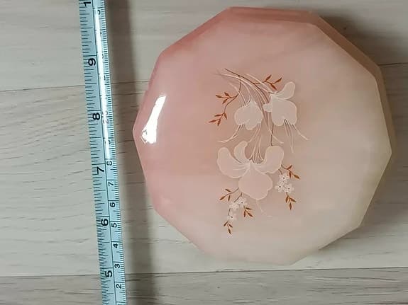 alabaster Smyckesask rund rosa med blommotiv