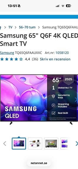 Helt ny TV, Samsung TQ65Q6F QLED TV 65 tum. Ordinarie pris 14 990kr