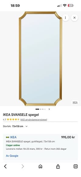 IKEA SVANSELE spegel 73x158 cm guld
