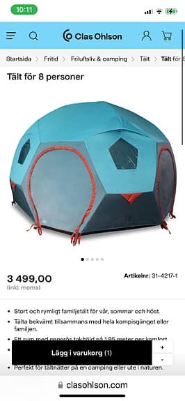 Kupoltält med ståhöjd plats för 8 personer!