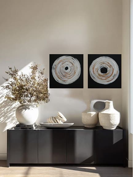 Abstrakt tavla set med 2 st mörk brunsvart/beige/bronze