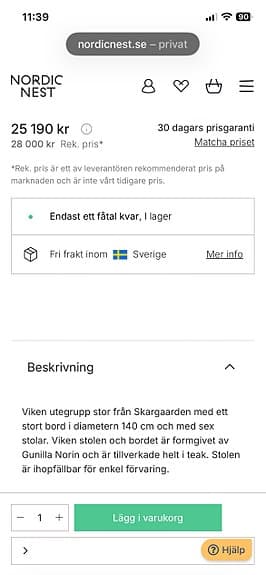 Skargaarden Viken utegrupp bord och 6 stolar i massiv teak