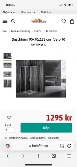 Duschhörn, Nytt, 90x90x185 cm glas krom, säljes pga felköp