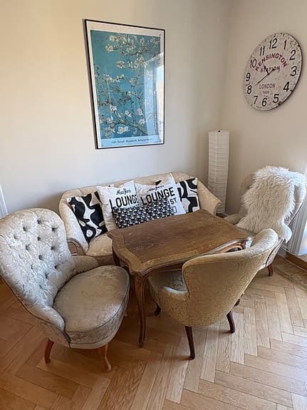 Soffgrupp 3-sits soffa och fåtöljer beige mönstrat tyg