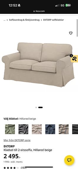 IKEA sofföverdrag 2-sits beige tyg, EKTORP