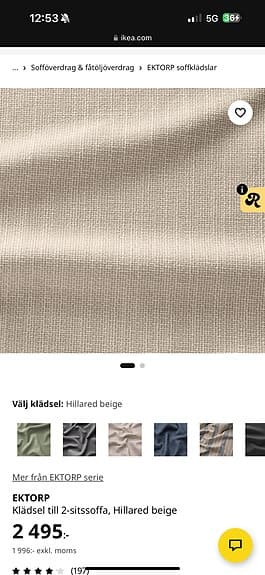 IKEA sofföverdrag 2-sits beige tyg, EKTORP