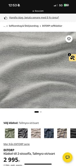 IKEA sofföverdrag 2-sits soffa grå tyg, EKTORP