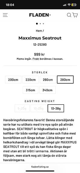 Fladen maxximus seatrout Spö 282 cm kastvikt 10–38 g