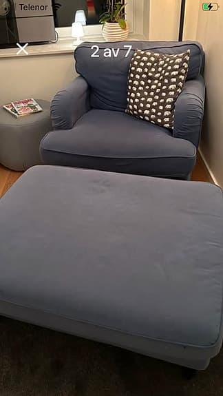 IKEA soffa och fåtölj med fotpall blå tyg