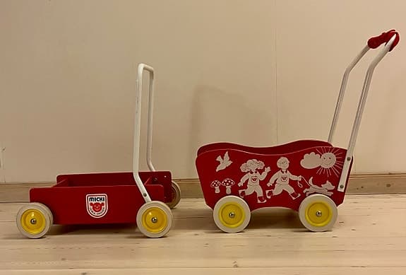Micki lära- gå-vagn & dockvagn – klassiska original i fint skick