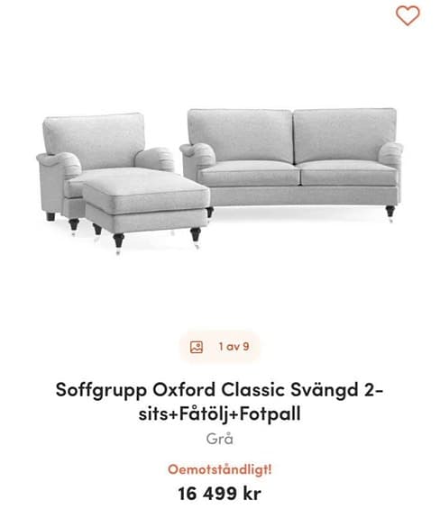 Oxford Classic soffgrupp 2-sits soffa fåtölj fotpall grå