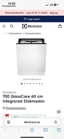 Electrolux 700 GlassCare KEGB8520W integrerad diskmaskin 60 cm vit