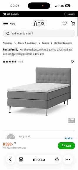Mio Roma Family kontinentalsäng enkelsäng grå med bäddmadrass
