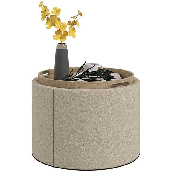 Rund pall ottoman med förvaring i linne-look, Krämfärgad