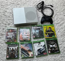 Microsoft Xbox One S spelkonsol vit med handkontroll och 8 stycken spel