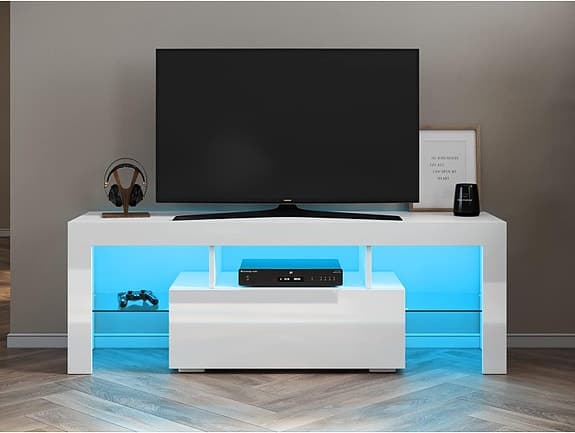 Sonni tv-bänk vit med LED-belysning och glas-hyllor