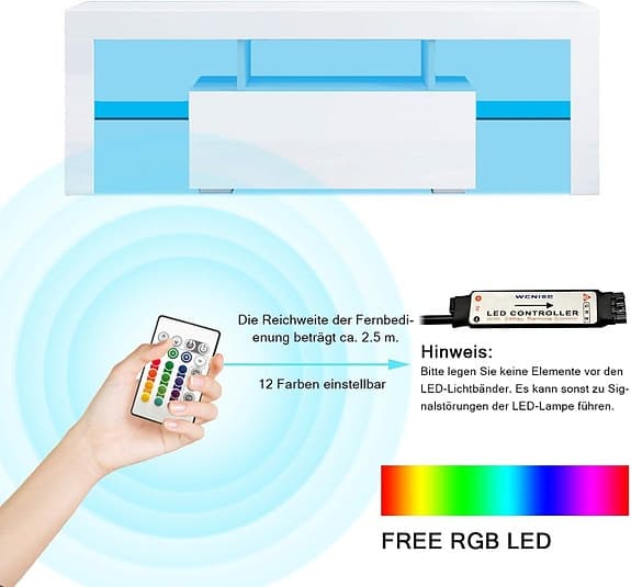 Sonni tv-bänk vit med LED-belysning och glas-hyllor