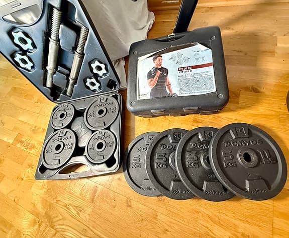 3 x Hantelkit 25 mm, 20 kg + extravikter (4x5kg)