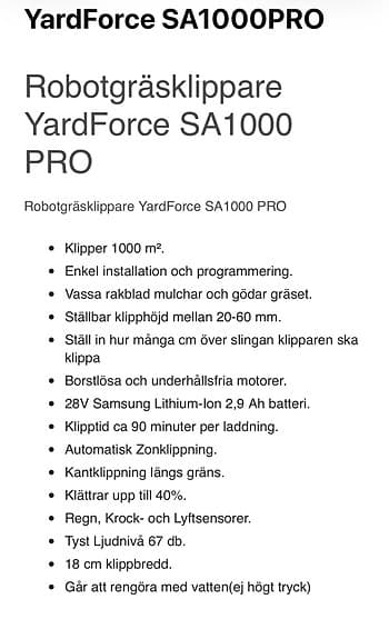 Robotgräsklippare Yard Force SA1000 PRO
