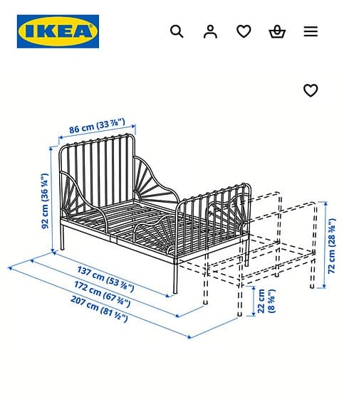 IKEA barnsäng (MINNEN) med vit madrass (ÖMSINT)