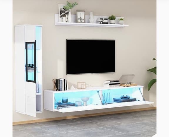 TV-möbelset 3-delar i vit högglans med LED - TV-bänk, vitrinskåp & väggmontering