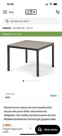 Trädgårdsbord från Mio 99x90x64