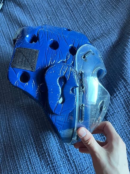 Adidas huvudskydd storlek S blå med ansiktsskydd + Budo-Nord sparkdyna