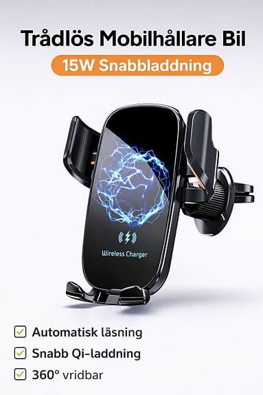 Trådlös Mobilhållare Bil – 15W Snabbladdning – Automatisk Låsning