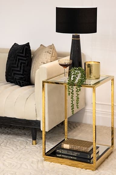 Sidobord / sängbord i guld & glas – som nytt