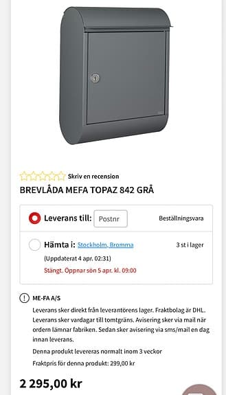 HELT NY BREVLÅDA MEFA TOPAZ 842 GRÅ